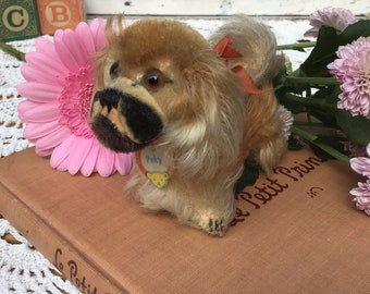 Steiff Peky mini Pekinese Dog with original tag. Mohair, red ribbon, glass eyes, 3" tall. Vintage excelsior stuffed dog, puppy  1950s