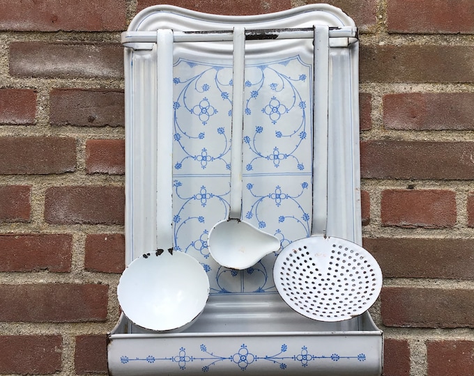 French Enamel Kitchen Utensil Rack Saks Blue Complete. White Etsy
