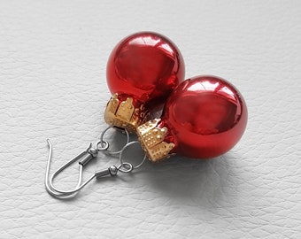 Christmas ball - earrings Xmas-Red stainless steel