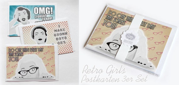 Illustration Typo Retro Comic Girls Postkarten Etsy