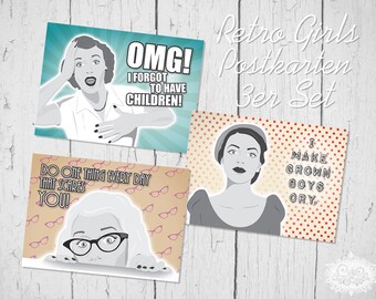 Illustration Type "Retro Comic Girls" Postkarten 3er-Set by cute as a button