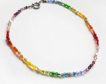 CAABjewels rainbow necklace with cut glass and freshwater pearls