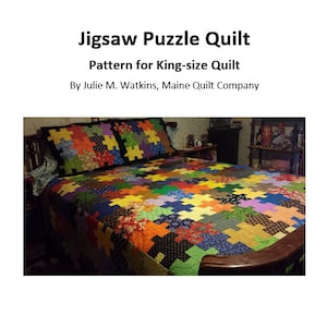 Puede incluir: Un edred&oacute;n de tama&ntilde;o king con un dise&ntilde;o de rompecabezas colorido. El edred&oacute;n presenta varios patrones y colores de tela, incluyendo rojo, amarillo, verde y azul. El texto "Jigsaw Puzzle Quilt" y "Pattern for King-size Quilt" es visible.
