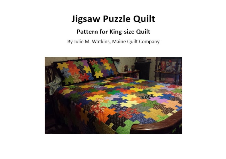Puede incluir: Un edred&oacute;n de tama&ntilde;o king con un dise&ntilde;o de rompecabezas colorido. El edred&oacute;n presenta varios patrones y colores de tela, incluyendo rojo, amarillo, verde y azul. El texto "Jigsaw Puzzle Quilt" y "Pattern for King-size Quilt" es visible.
