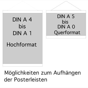 May include: Diagram showing two different sizes of poster frames. The left frame is for DIN A4 to DIN A1 paper sizes in portrait orientation. The right frame is for DIN A5 to DIN A0 paper sizes in landscape orientation.