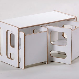 TIM play table and two CHARLIE play chairs in white lacquer, for the modern children's room, for the toddler, in wood image 3