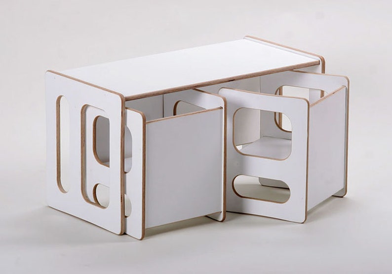 TIM play table and two CHARLIE play chairs in white lacquer, for the modern children's room, for the toddler, in wood image 3