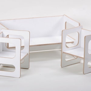 TIM play table and two CHARLIE play chairs in white lacquer, for the modern children's room, for the toddler, in wood image 4