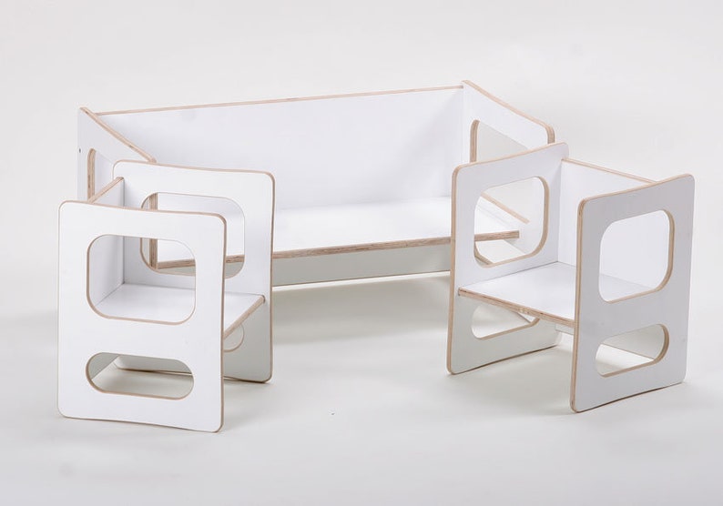 TIM play table and two CHARLIE play chairs in white lacquer, for the modern children's room, for the toddler, in wood image 4
