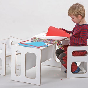 TIM play table and two CHARLIE play chairs in white lacquer, for the modern children's room, for the toddler, in wood image 1