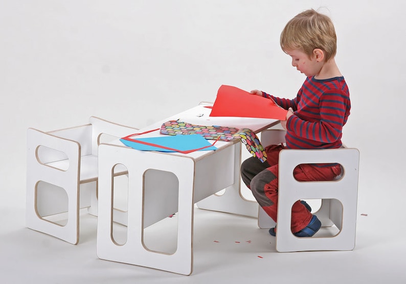 TIM play table and two CHARLIE play chairs in white lacquer, for the modern children's room, for the toddler, in wood image 1