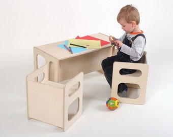 TIM play table & two CHARLIE play chairs for the modern children's room for toddlers made of waxed wood in a set