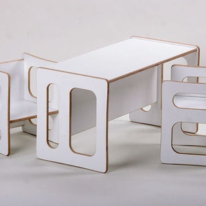 TIM play table and two CHARLIE play chairs in white lacquer, for the modern children's room, for the toddler, in wood image 2