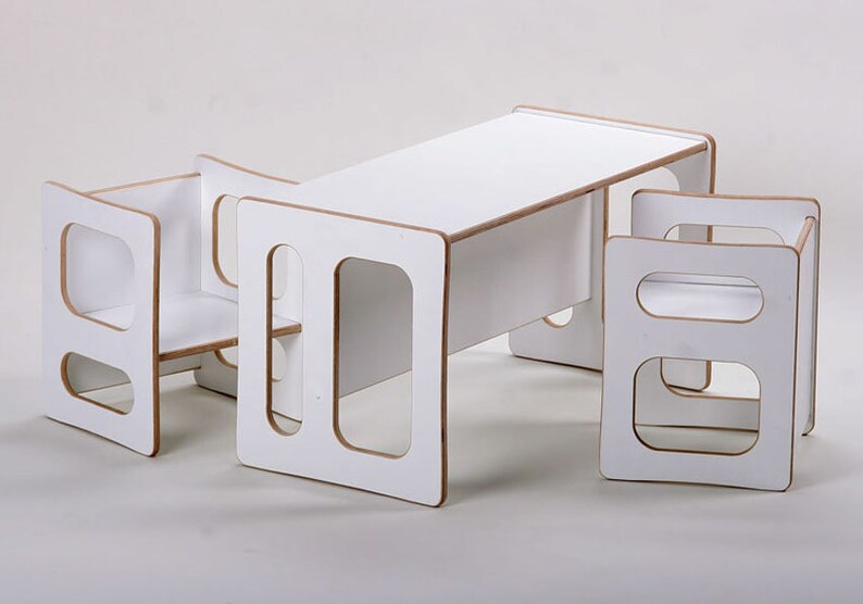 TIM play table and two CHARLIE play chairs in white lacquer, for the modern children's room, for the toddler, in wood image 2