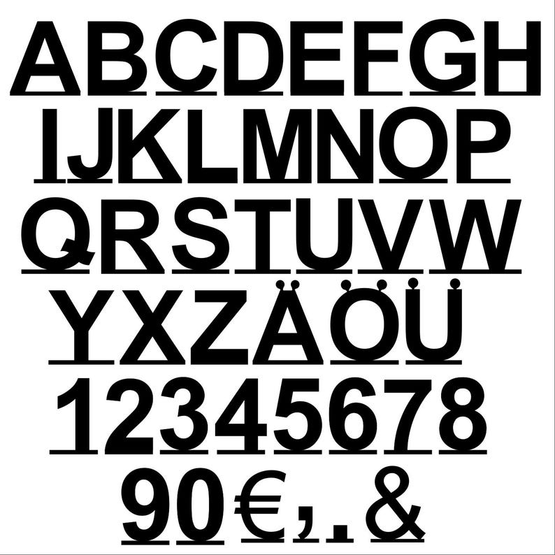 Puede incluir: Alfabeto en blanco y negro con letras may&uacute;sculas, n&uacute;meros y s&iacute;mbolos, incluido el s&iacute;mbolo del euro, la coma, el punto y la ampersand.