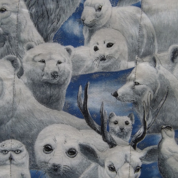 Arctic Animals Quilt, White, Grey & Blue Lap Quilt, Polar Bear, Owls, Wolves, Penguins, Child's Blanket, Winter Decor, Housewarming Gift