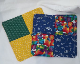 Set of 2 Potholders, Rainbow & Blue Cat and Green with Yellow, 6.5" Square, Cotton Hot Pad, Housewarming, Cat Lover's Gift, Kitchen Decor