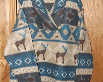 Man's XL Fleece Pullover Top, Tan, Blue & Black With Deer, Shawl Collar, Cozy Winter Pullover, Gently Worn, Side Seam Pockets