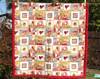 Baby Quilt 24 by 23" with Cats, Bears and Hearts, All Cotton, Cream, Tan, Red, Green, Blue, Baby Shower Gift, Red Binding