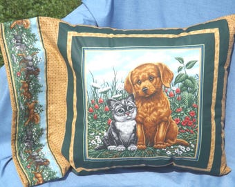Pillow, Dog & Cat, 16" Square, Cotton, Multicolor Sofa Pillow, Country Decor, Pet Lover's Gift