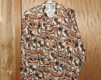 Man's Flannel Shirt, Size XL, Button Front, Neck Band, Gently Worn, Tan, Brown, & Green With Ducks and Moose, Buttoned Cuffs, Patch Pockets