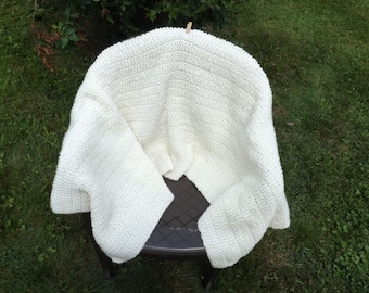 Knit Shawl, Cream Prayer Shawl, Soft Brushed Acrylic, 63" by 20" Rectangular Country Shawl, Victorian, Old Fashioned Wrap, Woman's Gift