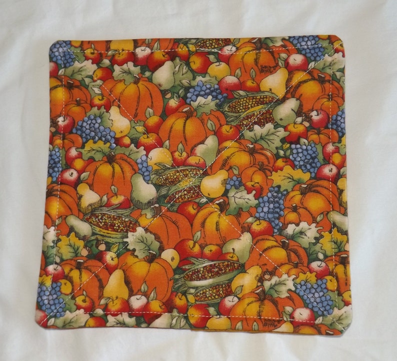 Multicolor with Pumpkins Reversible Thanksgiving Cotton Hot Pad Fruit /& Leaves Autumn Quilted Potholder 7.5 Square Kitchen Decor