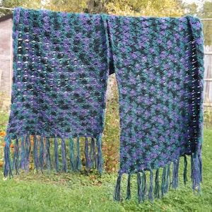 Crocheted Shawl, Fringed, Purple, Black & Green, 75&quot; Long By 19&quot;Wide, Soft Lacy Stole, Brushed Acrylic, Rectangular Wrap, Woman&#39;s Gift
