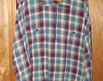 Man's Flannel Shirt With Collar, Size Large, Zipper Neck, Gently Worn, Blue & Red Plaid, Patch Pockets, Lightweight Winter Shirt
