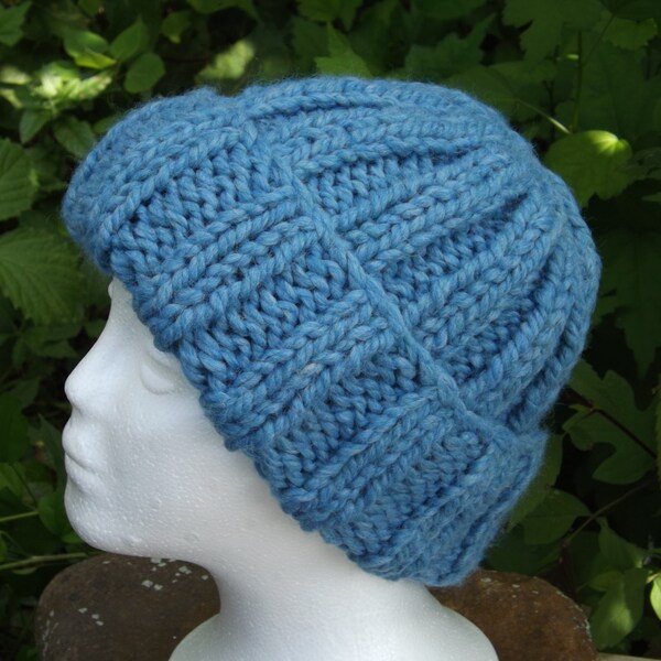 Woman's Blue Hat, Wool Blend Beanie, Bulky Winter Hat, Ribbed Knit, Sky Blue Ski Cap, Warm Soft Hat, Acrylic & Wool, Woman's Birthday Gift