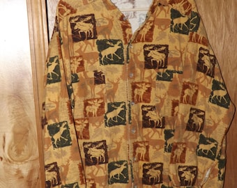 Man's Flannel Shirt, Size XL, Button Front With Neck Band, Gently Worn, Tan, Brown, Gold & Green With Moose, Patch Pockets, Buttoned Cuffs