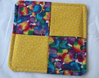Potholder, Quilted With Colorful Cats, 6.5" Square, Reversible to Blue Back, Cotton Hot Pad, Cat Lover's Gift