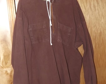 Man's Size L Shirt Brown Flannel Pullover Top, Gently Worn, Cozy Hooded Pullover, Dark Brown Hoodie with Two Pockets & Neck Zipper
