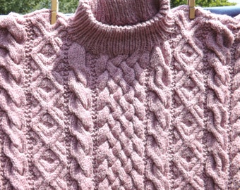 Pink Hand Knit Sweater, Fancy Cabled Knit Pullover, Woman's Gift Sweater, XL, Soft & Warm, Brushed Acrylic and Nylon, Luxurious