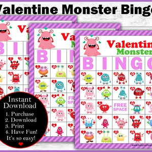 Valentine Bingo Game Valentine Monster Bingo Printable Bingo Game image 2