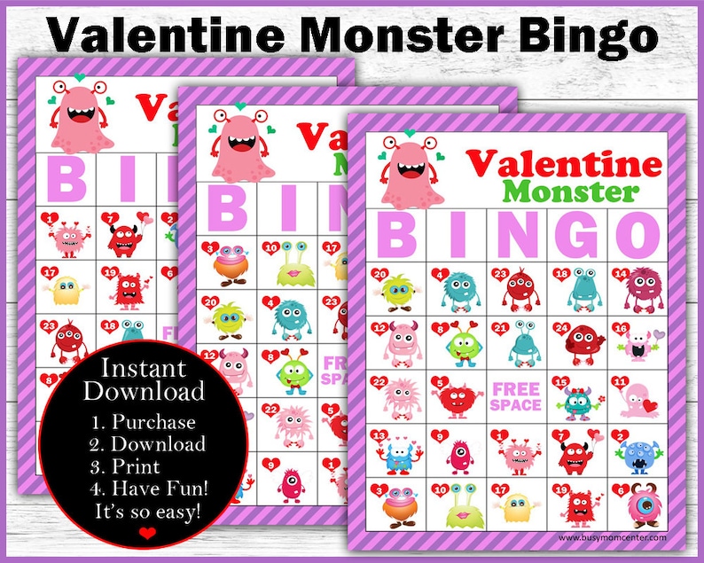 Valentine Bingo Game Valentine Monster Bingo Printable Bingo Game image 2