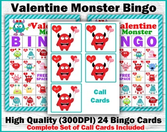 Valentine's Day Bingo - Valentine Monster Bingo - Valentines Bingo For Kids