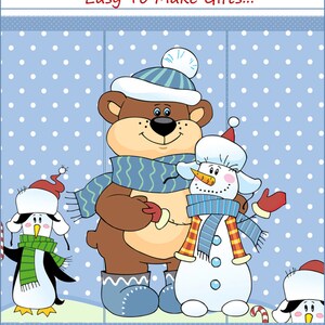 Könnte beinhalten: Ein digitaler Download von 20 druckbaren Vorlagen für Weihnachtsgeschenke. Das Bild zeigt einen braunen Bären mit einem blau-weißen Hut und Schal, einen Schneemann mit einem rot-weißen Schal und zwei Pinguine mit Weihnachtsmützen. Der Text auf dem Bild lautet "20 druckbare Vorlagen entsprechen 20 Weihnachtsgeschenken!"
