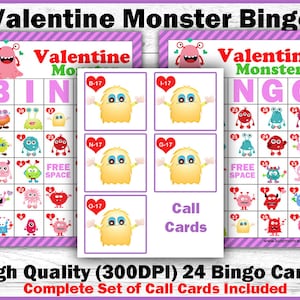 Valentine Bingo Game Valentine Monster Bingo Printable Bingo Game image 1