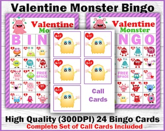 Valentine Bingo Game - Valentine Monster Bingo - Printable Bingo Game