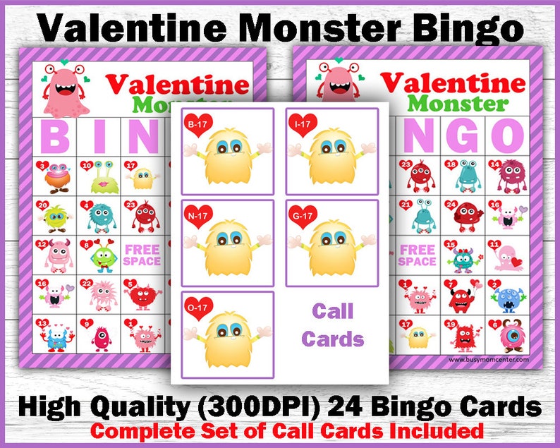 Valentine Bingo Game Valentine Monster Bingo Printable Bingo Game image 1