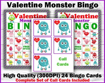 Valentine Bingo - Valentine Monster Bingo - Printable Bingo Game