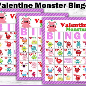 Valentine Bingo Game Valentine Monster Bingo Printable Bingo Game image 3