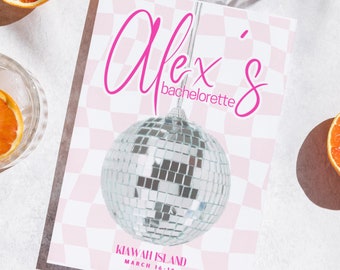 Checkered Pink Disco Bachelorette Itinerary - Bachelorette Party - Instant Download - Groovy Bachelorette Template - Funky