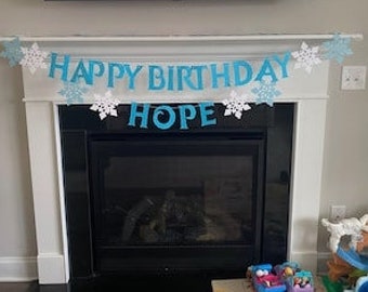 Frozen Birthday Banner, Frozen Birthday, Snowflakes,Happy Birthday, Winter Birthday, Frozen Party, Blue and White, optional add-on shapes