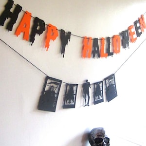 Happy Halloween Banner, With Silhouetted Framed shapes, zombie, Happy Halloween,Party Decor, Scary Birthday Party, String it yourself image 1