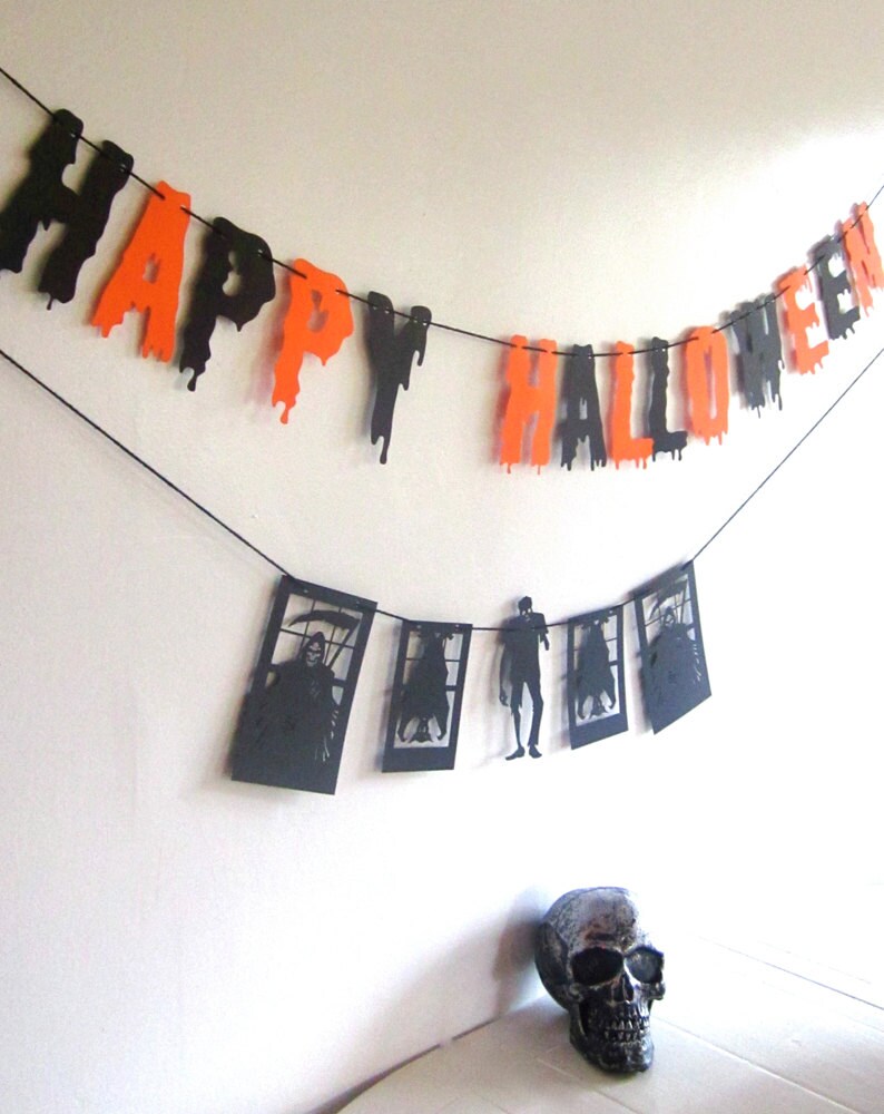 Happy Halloween Banner, With Silhouetted Framed shapes, zombie, Happy Halloween,Party Decor, Scary Birthday Party, String it yourself image 1