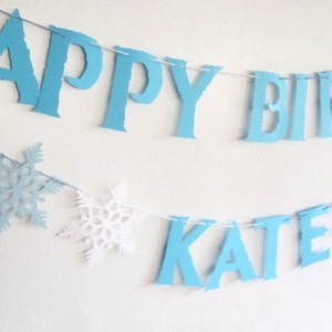 Frozen Birthday Banner, Frozen Birthday, Snowflakes,Happy Birthday, Winter Birthday, Frozen Party, Blue and White, optional add-on shapes