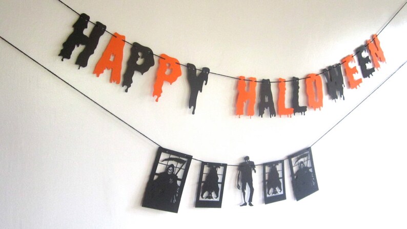 Happy Halloween Banner, With Silhouetted Framed shapes, zombie, Happy Halloween,Party Decor, Scary Birthday Party, String it yourself image 3