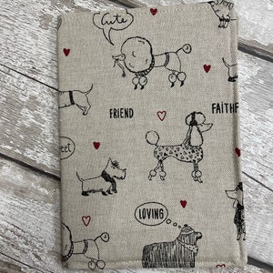 Printed dog design , removable  A5 notebook cover. Linen fabric cover with printed cartoon dogs on the front...Pawfect for a dog lover